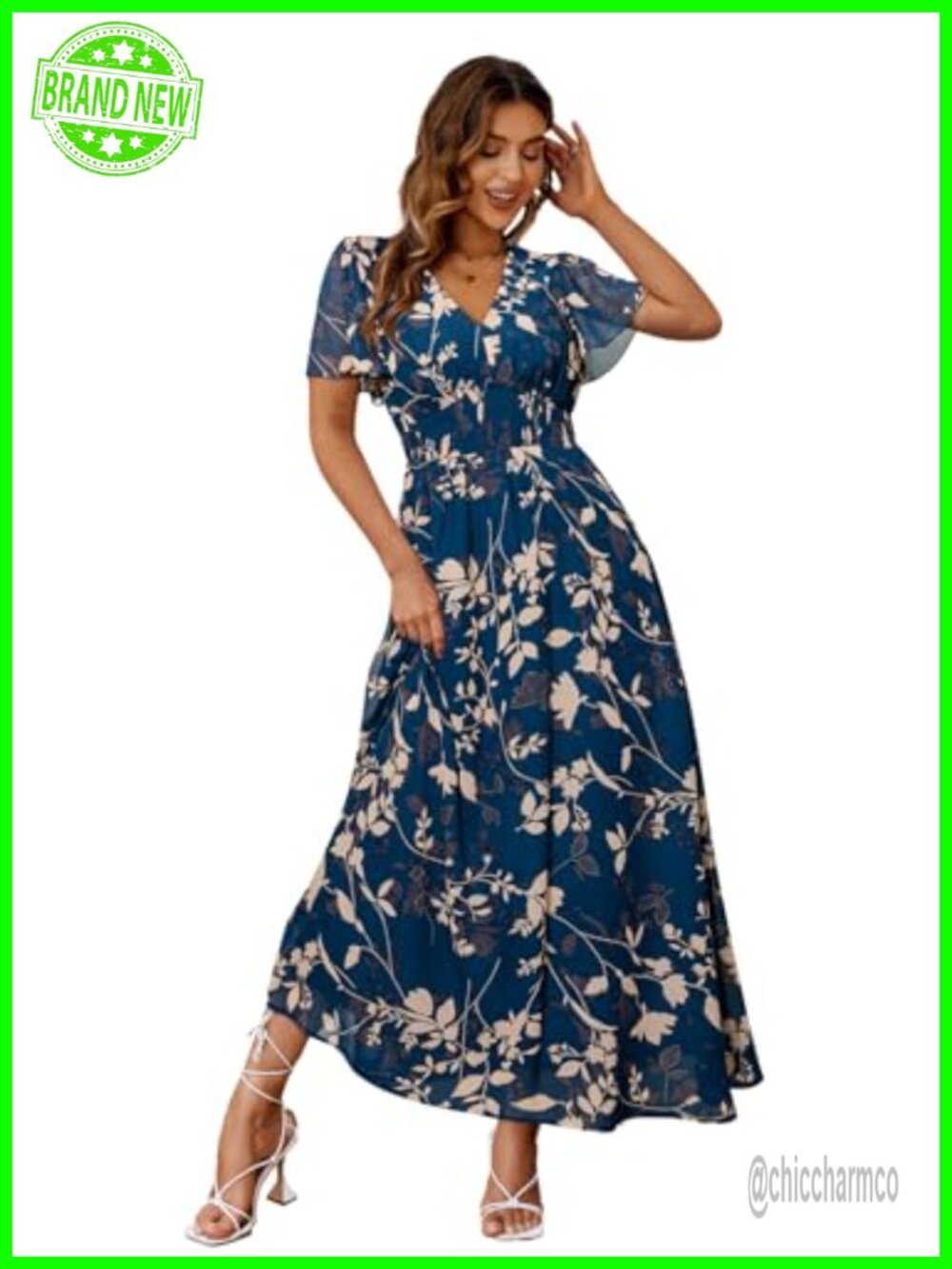 Boho Floral Maxi Dress 100% Polyester V Neck Short Sleeve Flowy A-Line